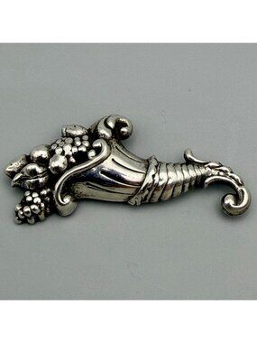 Cornucopia Harvest Brooch Signed LANG Sterling Silver Thanksgiving Pin